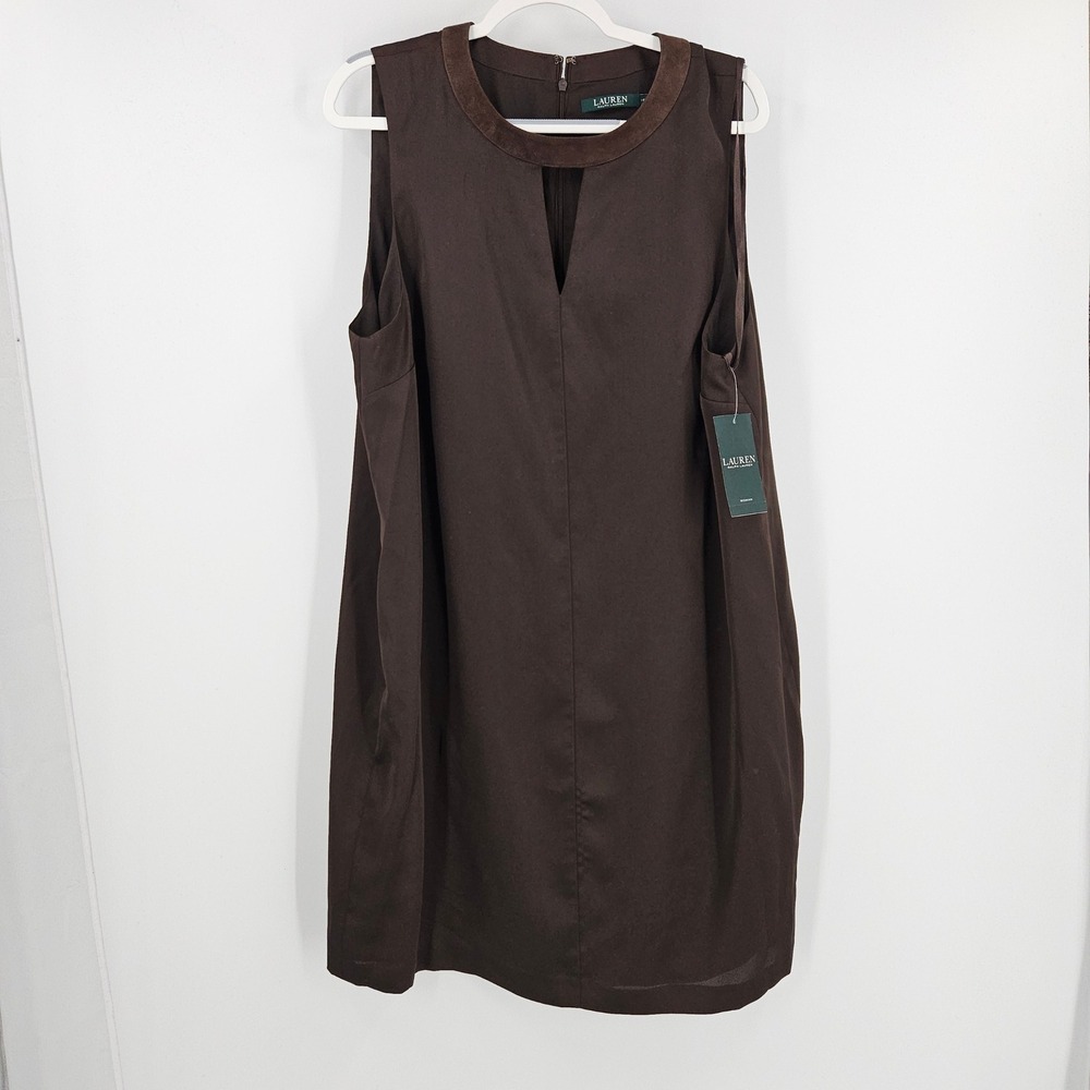 Lauren Ralph Lauren Shift Dress Brown Silk Suede Trim Sleeveless Mini NWT Sz 16W